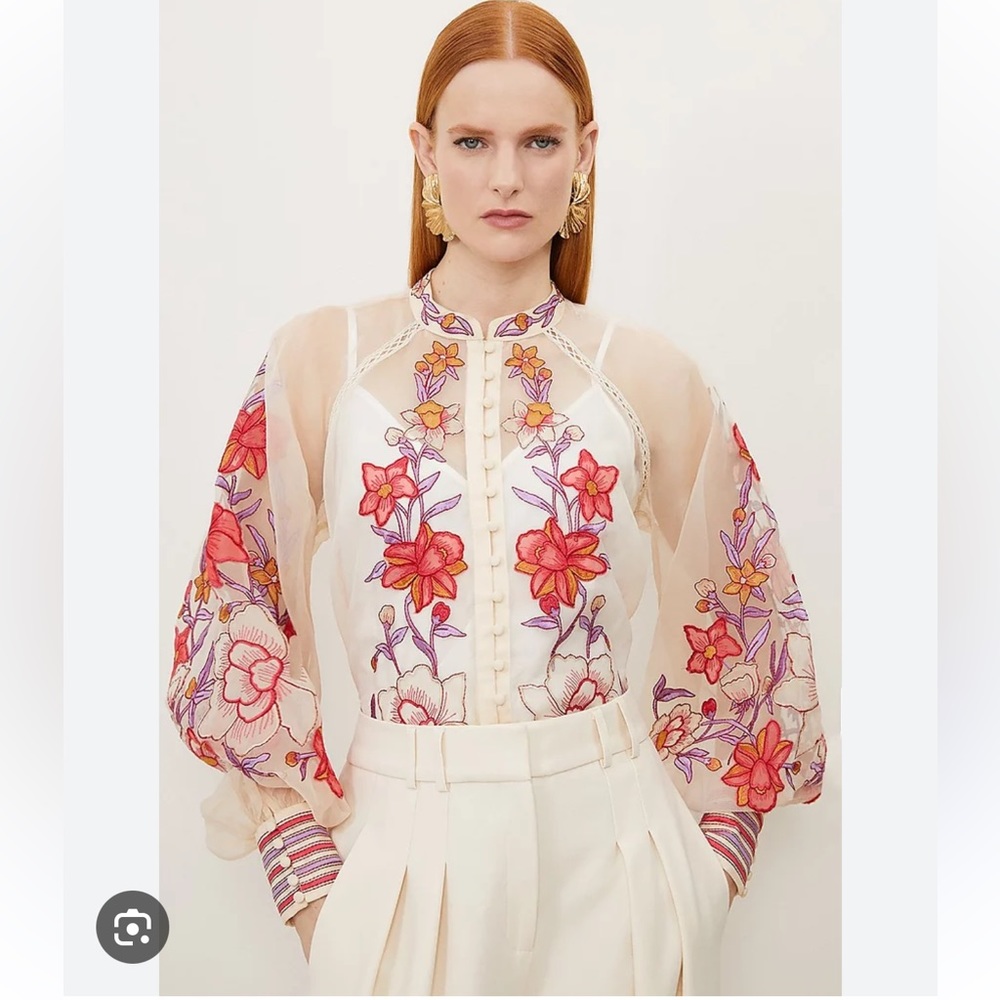 Floral Placed Embroidery Organdie Woven Blouse